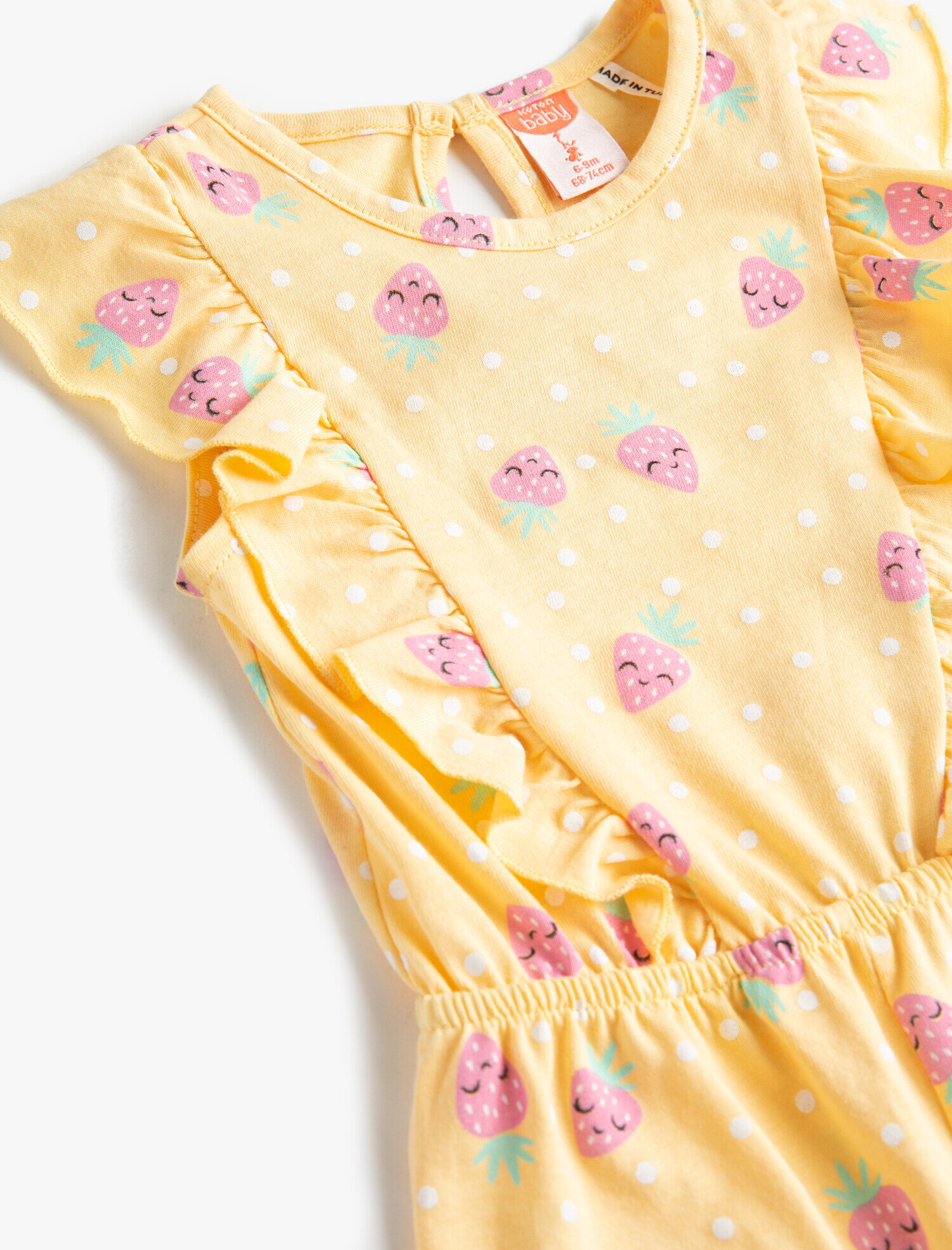  Kız Bebek Tulum Çilek Baskılı Kelebek Kollu Bisiklet Yaka Pamuklu