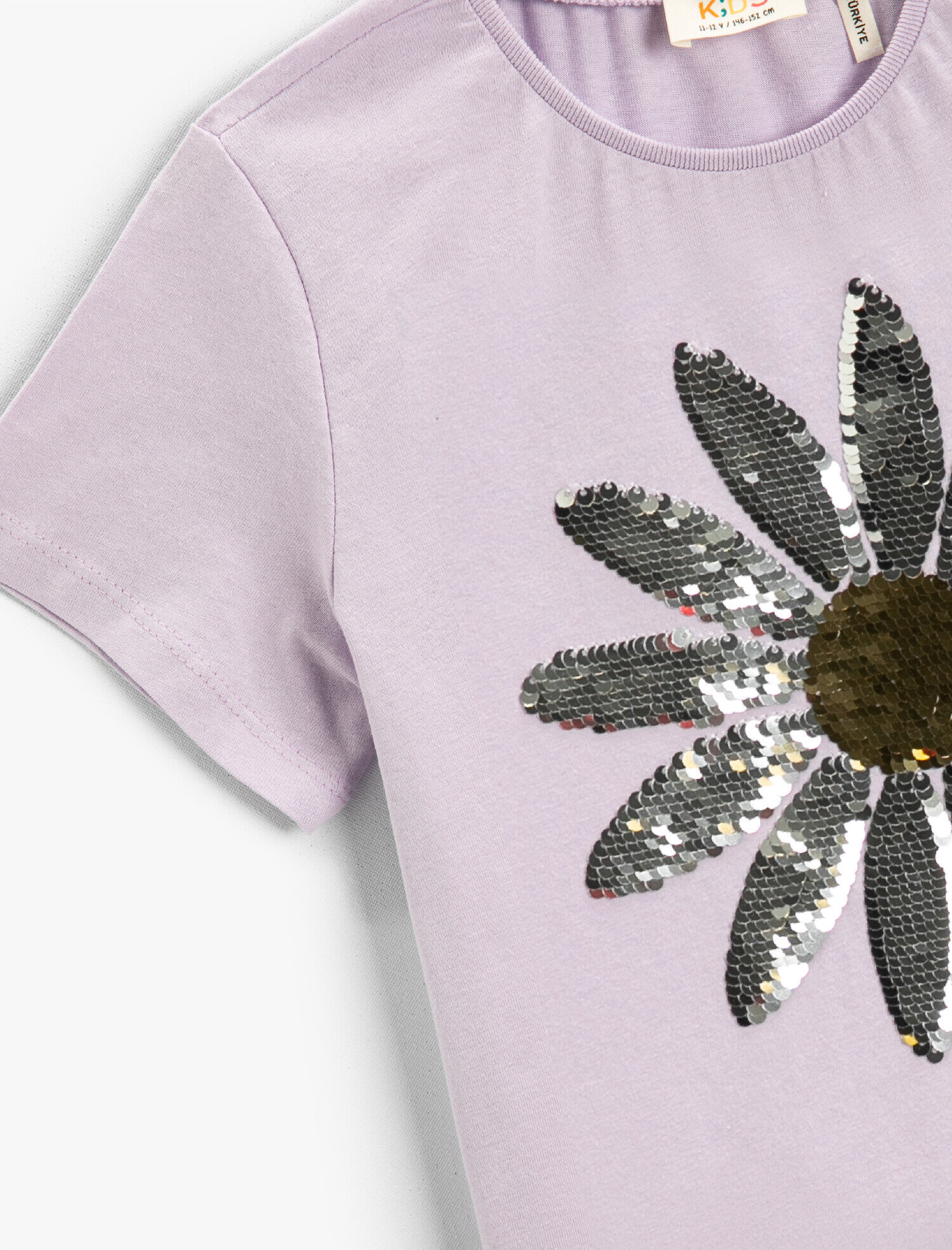  Kız Çocuk Çiçek Desenli Pul Payetli Kısa Kollu Bisiklet Yaka Tişört Pamuklu