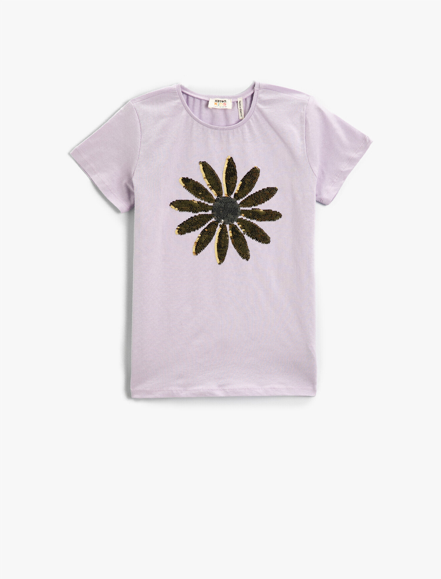  Kız Çocuk Çiçek Desenli Pul Payetli Kısa Kollu Bisiklet Yaka Tişört Pamuklu