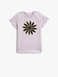 Çiçek Desenli Pul Payetli Kısa Kollu Bisiklet Yaka Tişört Pamuklu