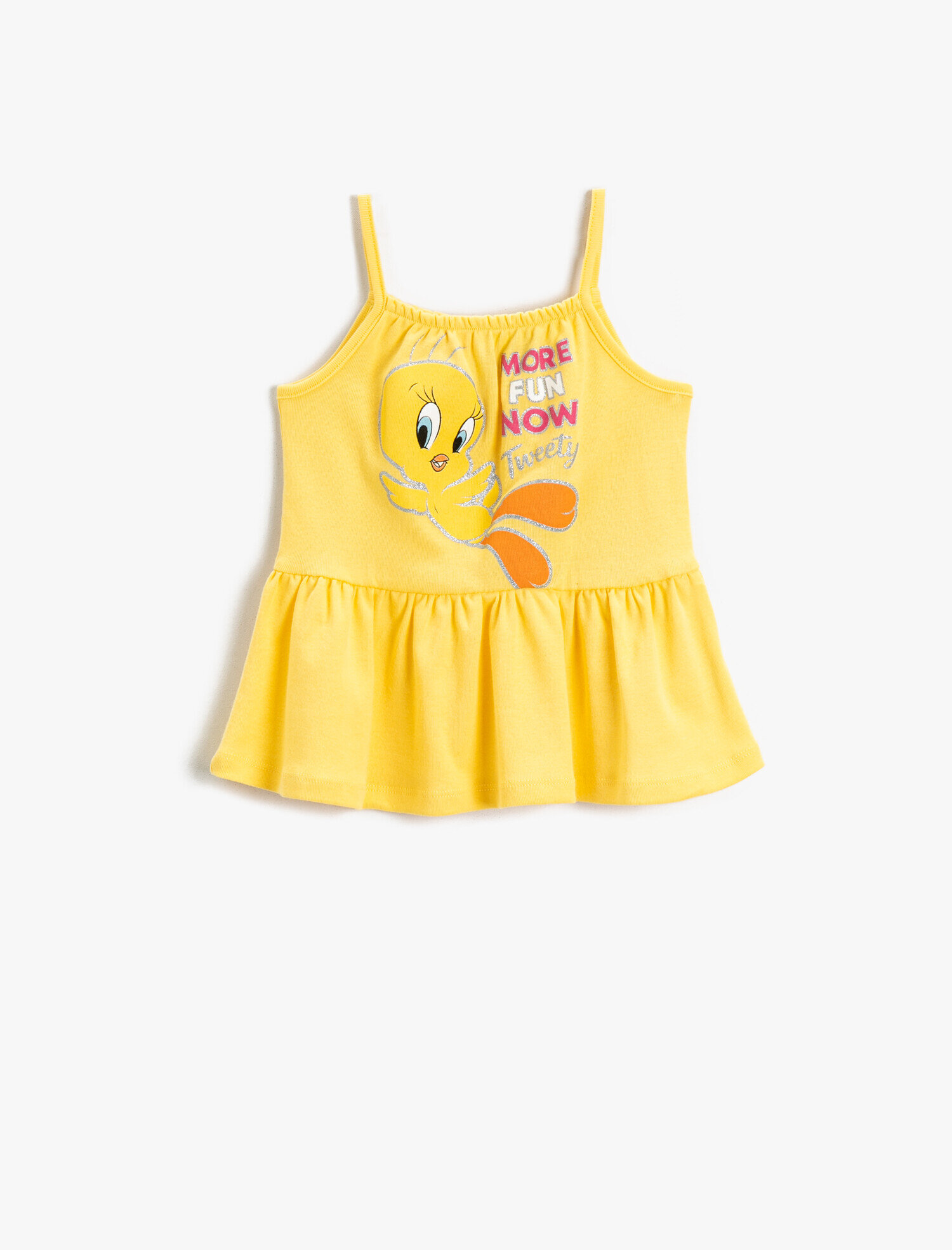  Kız Bebek Elbise Tweety Baskılı Fırfırlı Lisanslı Halter Yaka Pamuklu