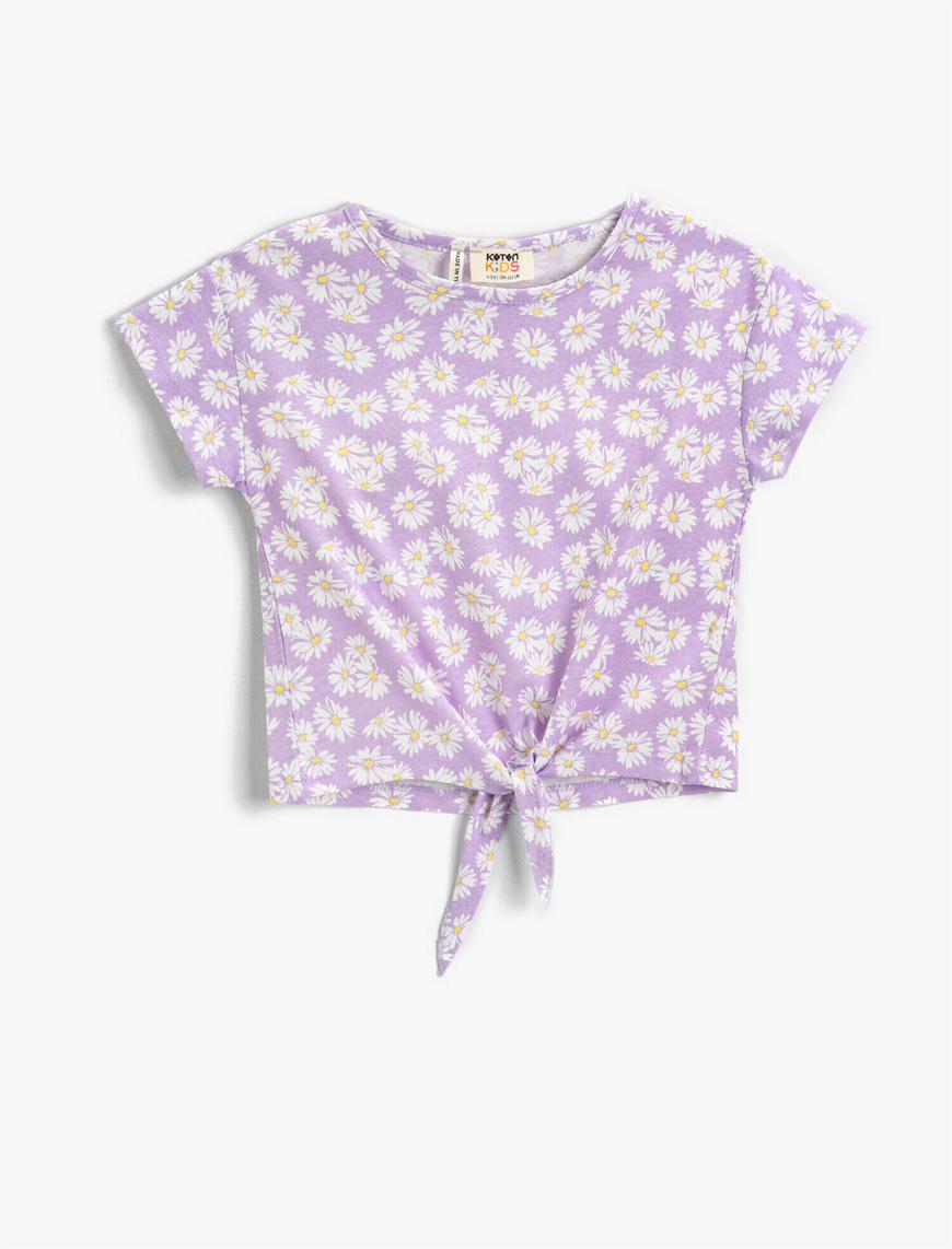  Kız Çocuk Çiçekli Bağlama Detaylı Kısa Kollu Tişört