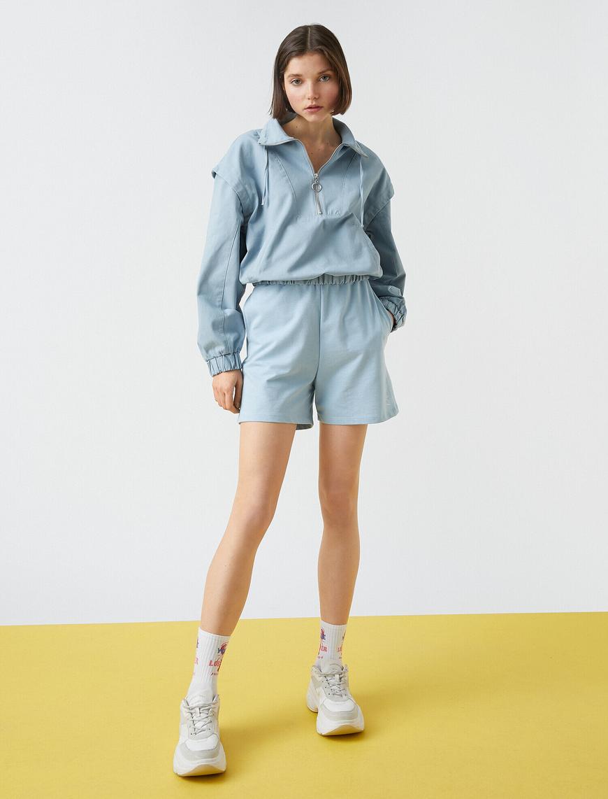   Fermuarlı Crop Sweatshirt Cepli