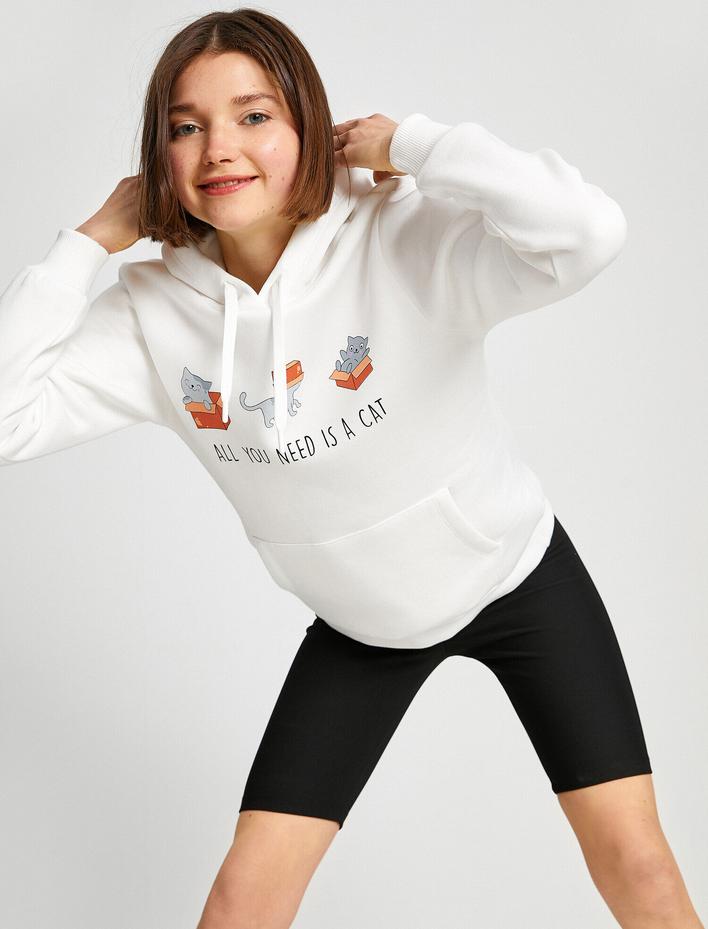  Baskılı Cepli Sweatshirt İçi Polarlı
