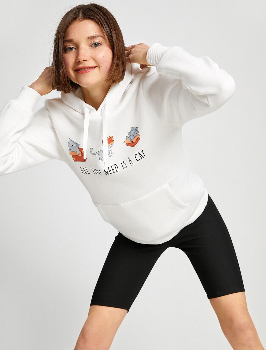   Baskılı Cepli Sweatshirt İçi Polarlı