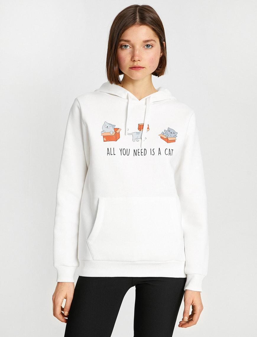   Baskılı Cepli Sweatshirt İçi Polarlı
