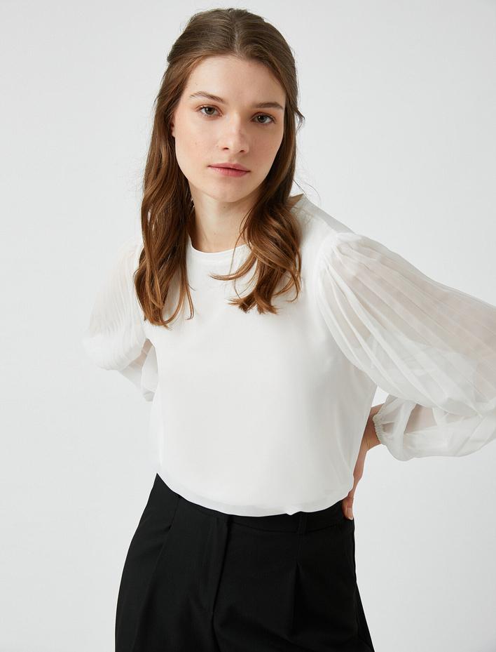  Uzun Kollu Tül Detaylı Bluz