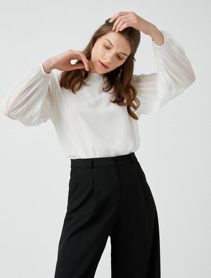  Uzun Kollu Tül Detaylı Bluz