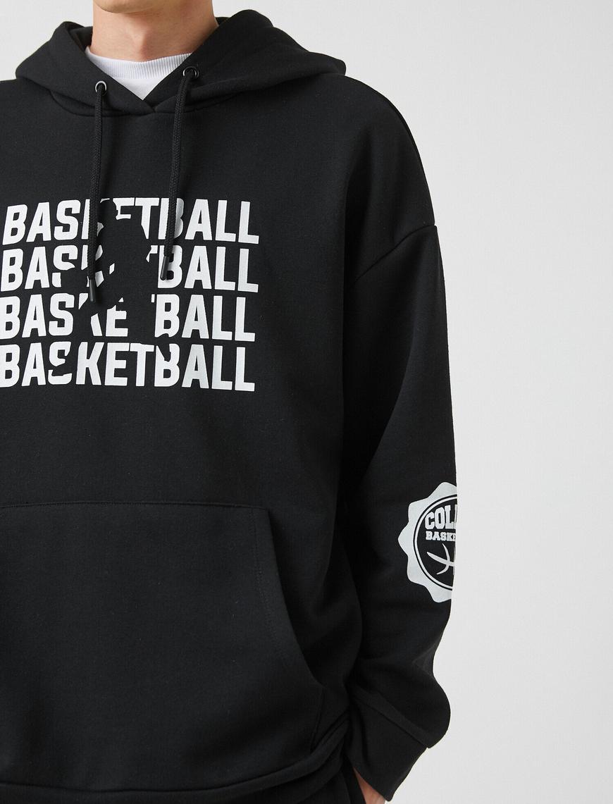   Kapşonlu Basketbol Temalı Baskılı Kanguru Cepli Sweatshirt