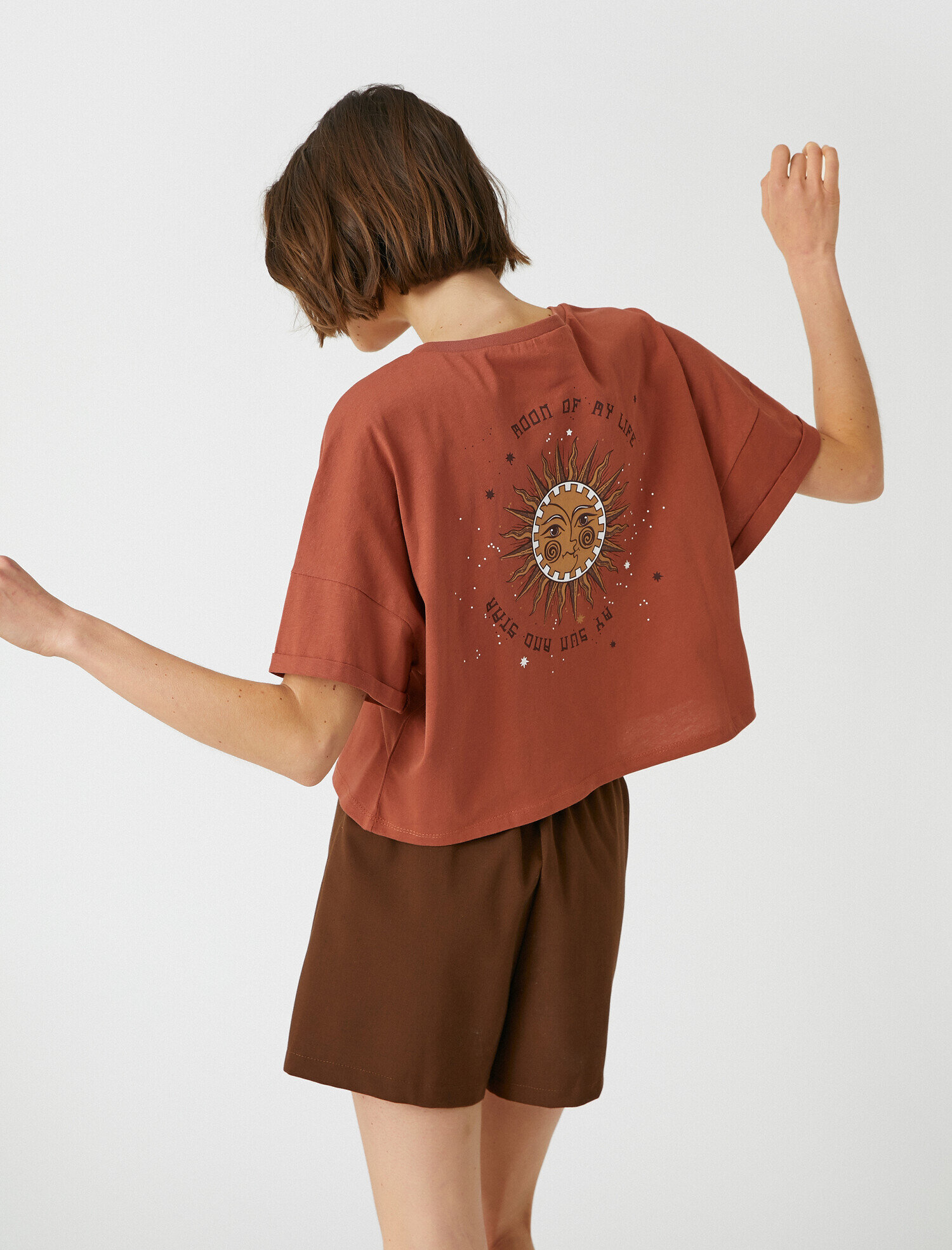   Baskılı Oversize Crop Tişört Bisiklet Yaka Pamuklu