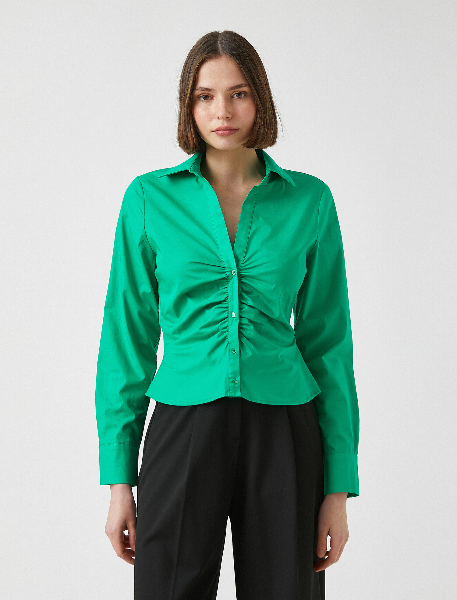   Uzun Kollu Büzgülü Pamuklu Gömlek