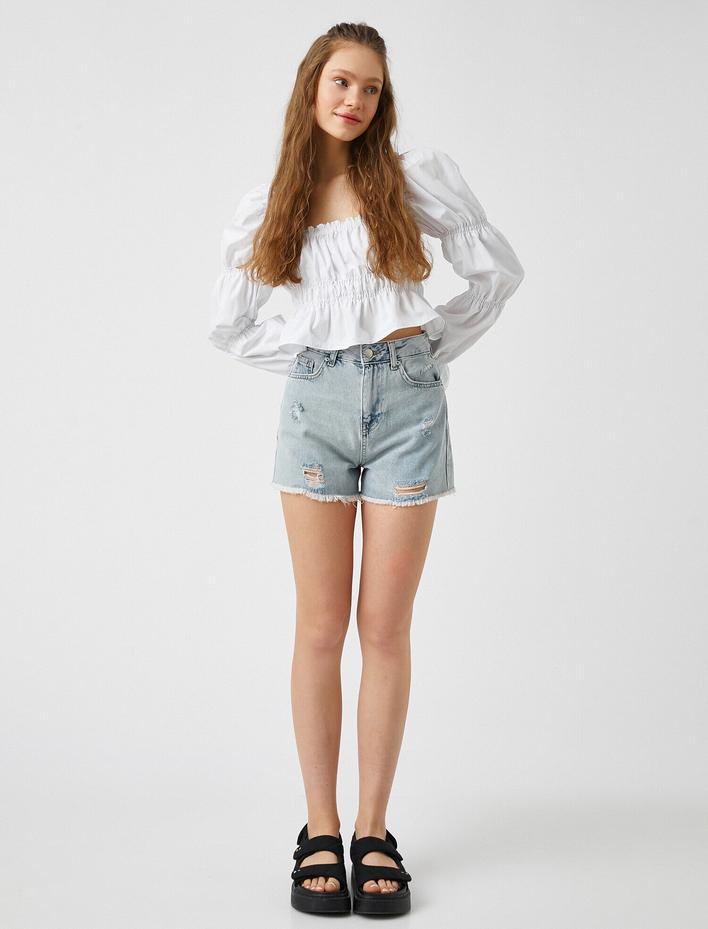  Balon Kollu Bluz Kare Yaka