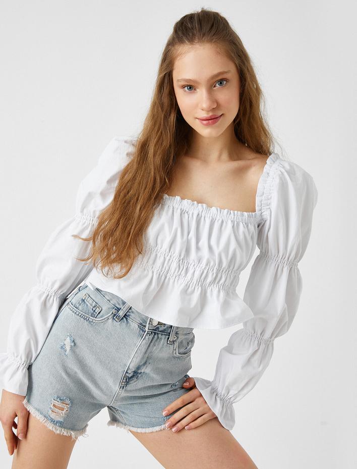  Balon Kollu Bluz Kare Yaka