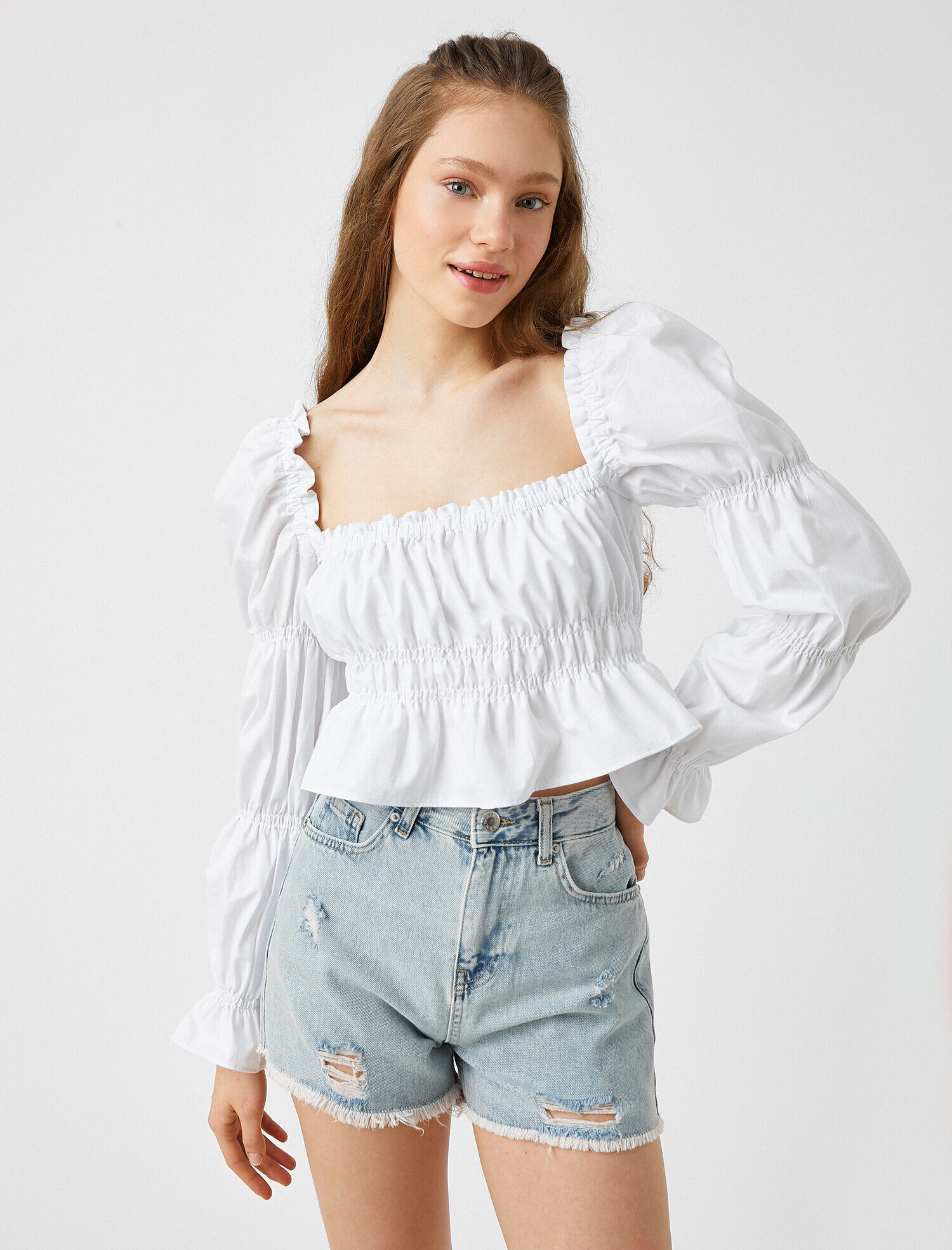   Balon Kollu Bluz Kare Yaka