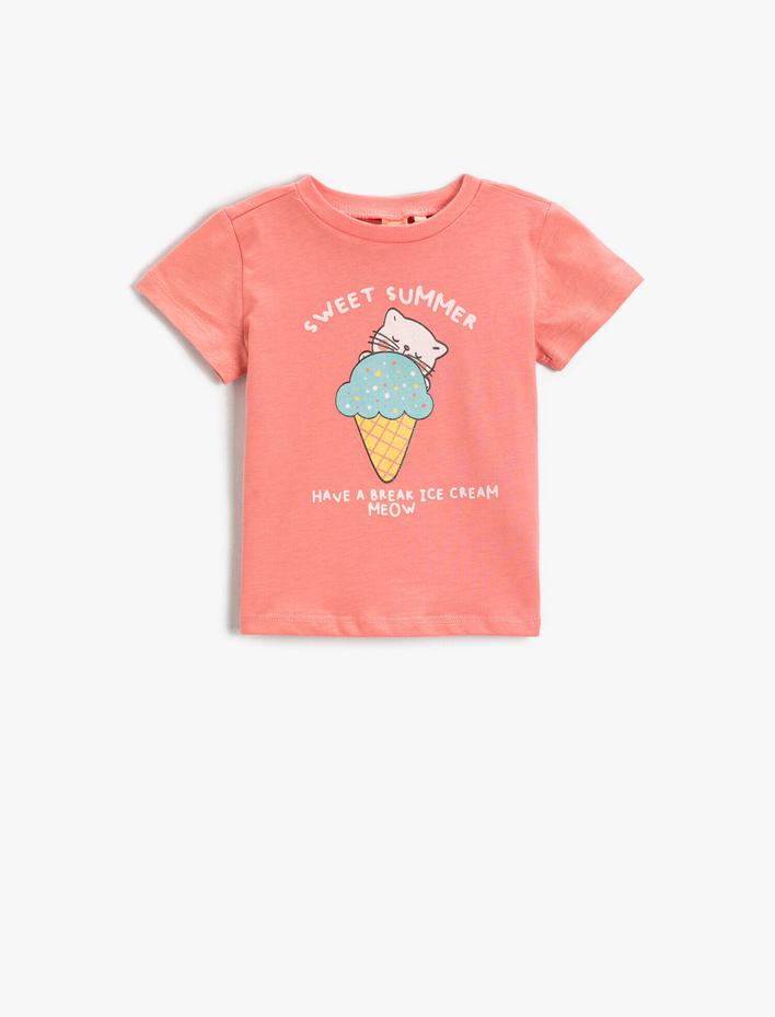 Kız Bebek Dondurma Baskılı Tişört Kısa Kollu Bisiklet Yaka Pamuklu