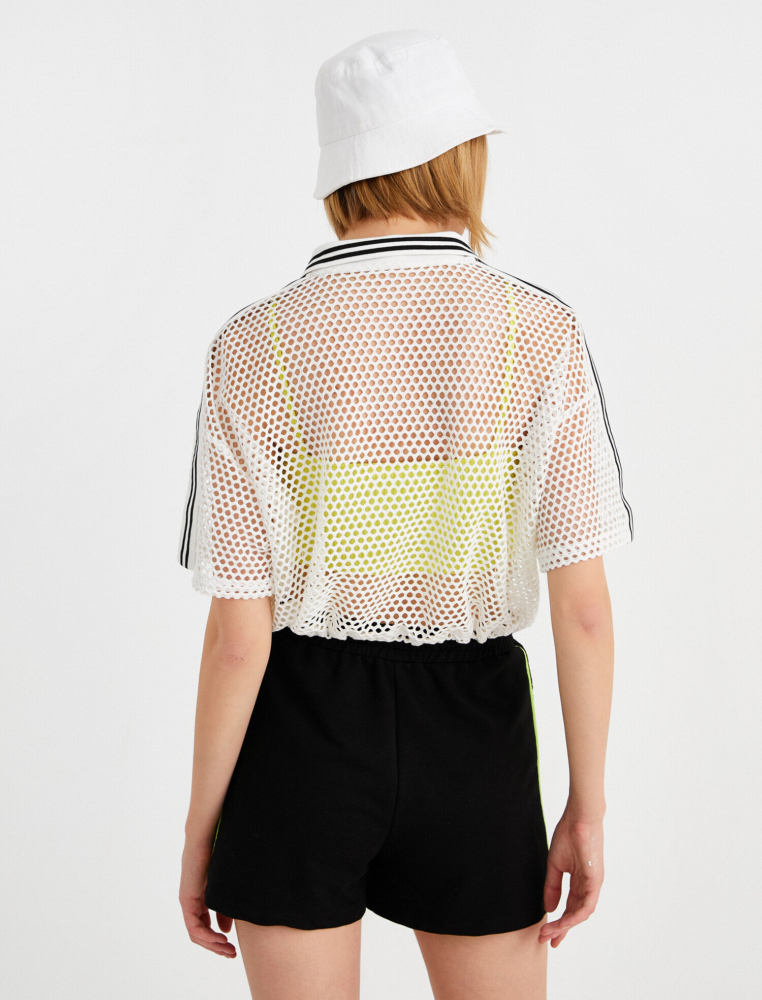   Fileli Crop Tişört Fermuarlı Polo Yaka