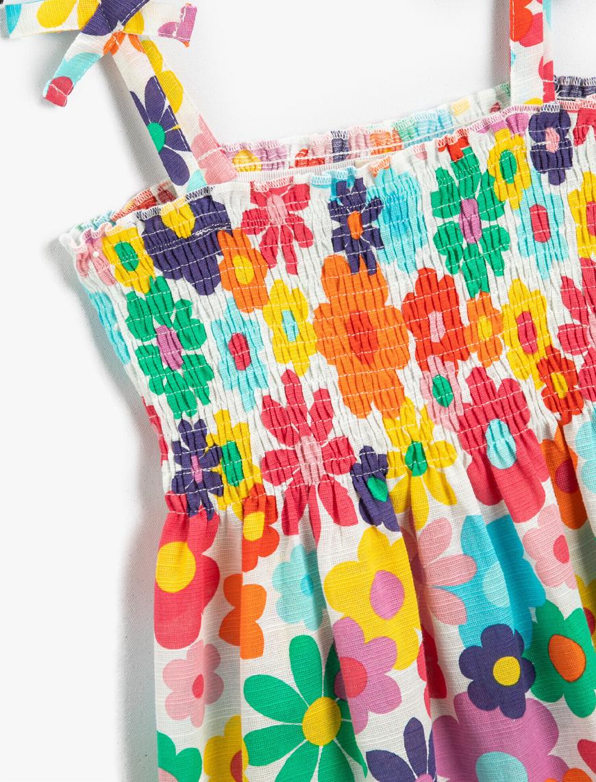  Kız Çocuk Elbise İnce Askılı Fiyonk Detaylı Lastikli Çiçek Baskılı Midi Pamuklu