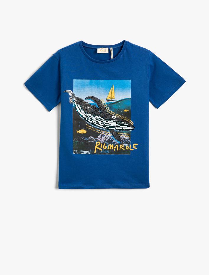 Erkek Çocuk Balina Pul Payetli Kısa Kollu Bisiklet Yaka Tişört Pamuklu