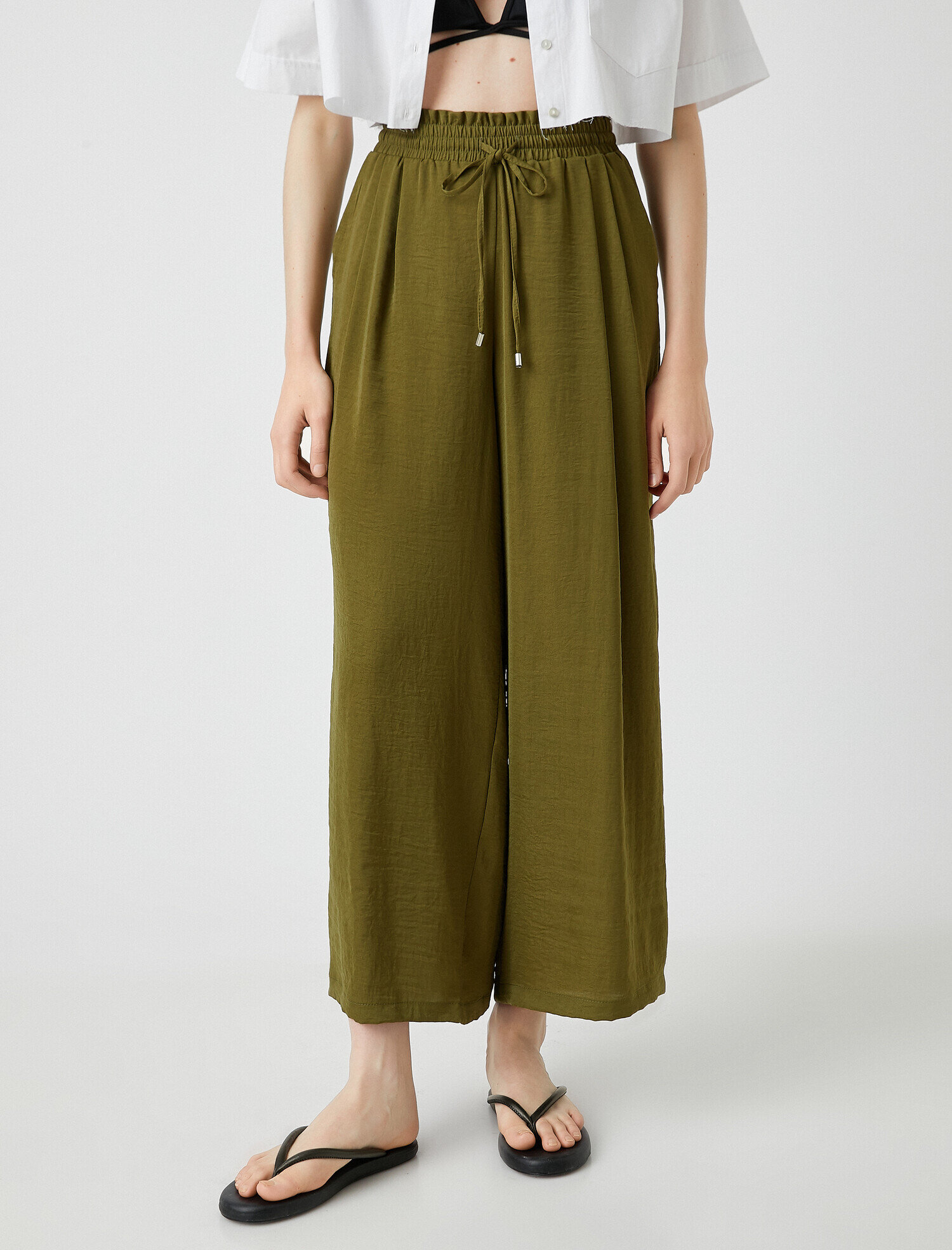   Bol Paça Pantolon Beli Bağlamalı Saten Görünümlü