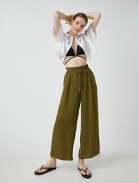 Bol Paça Pantolon Beli Bağlamalı Saten Görünümlü