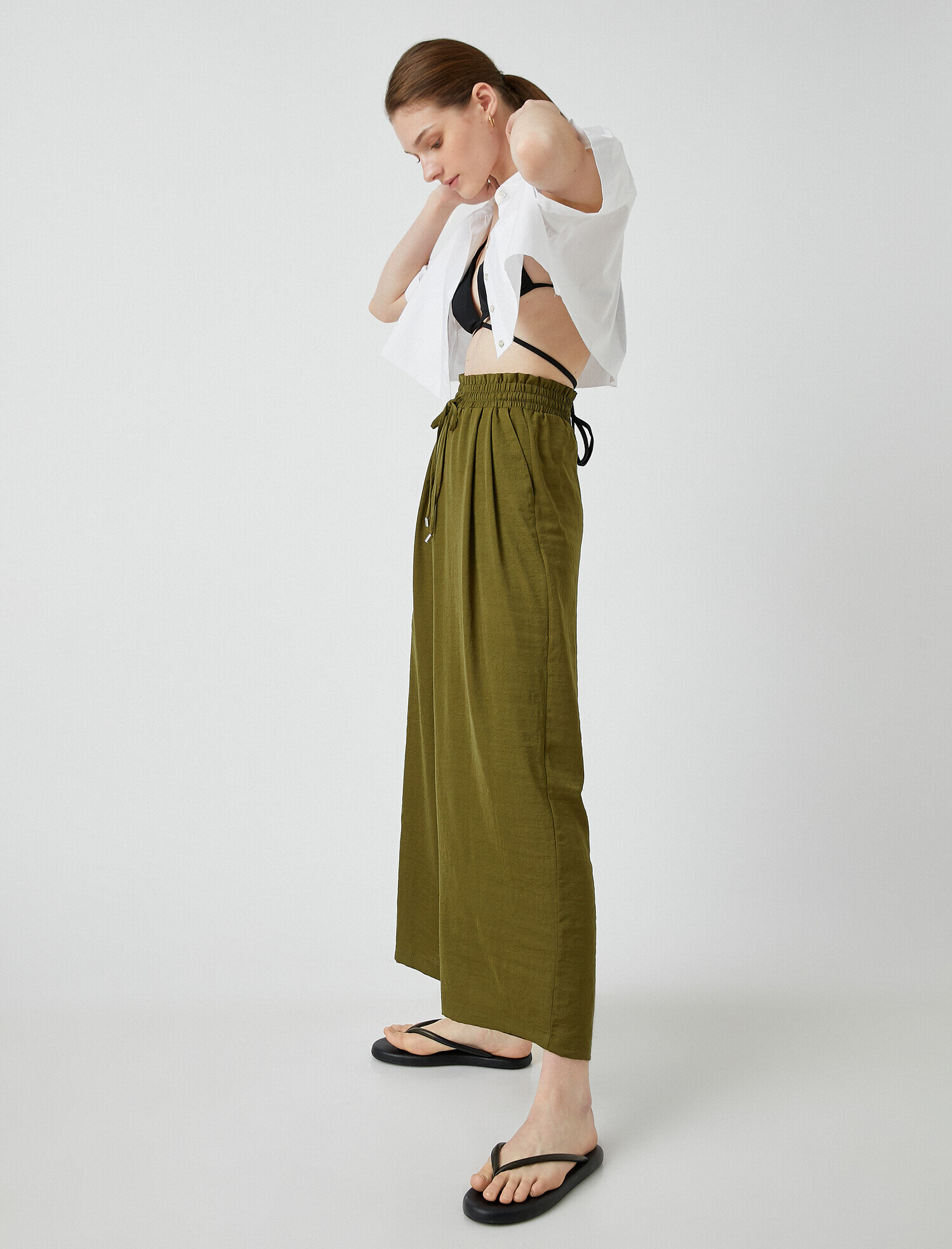   Bol Paça Pantolon Beli Bağlamalı Saten Görünümlü