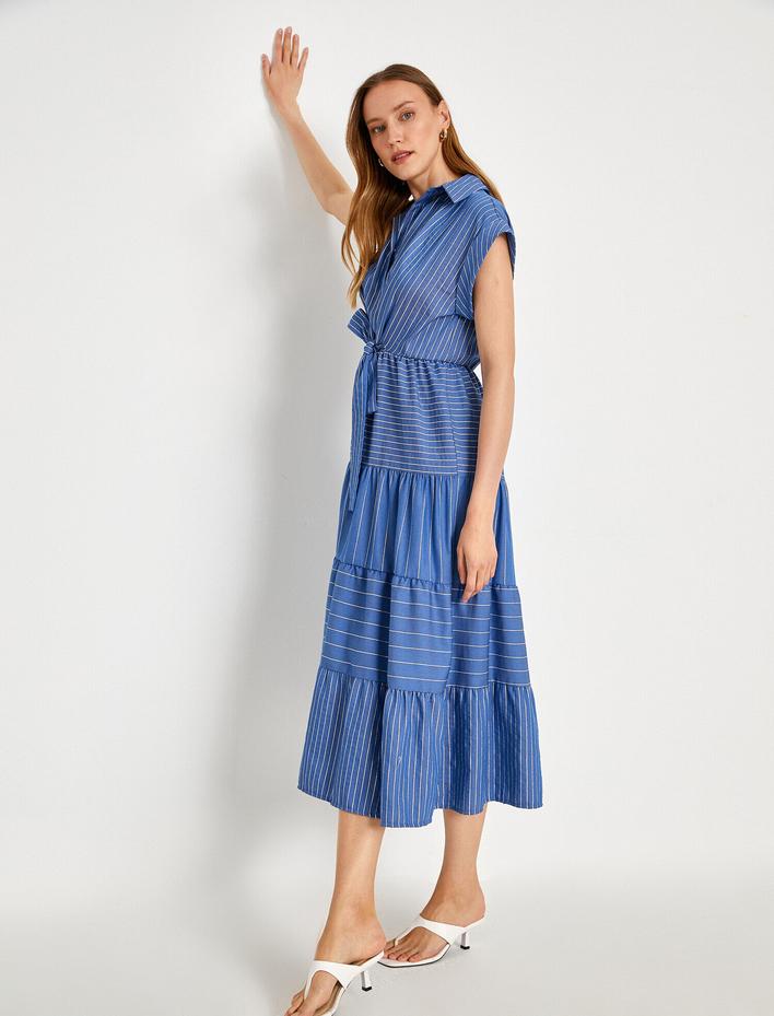  Fırfırlı Uzun Elbise Bağlama Detaylı Kısa Kollu