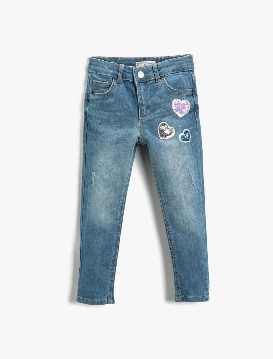 Kız Çocuk Kot Pantolon Pul Payet Detaylı Pamuklu Cepli - Skinny Jean