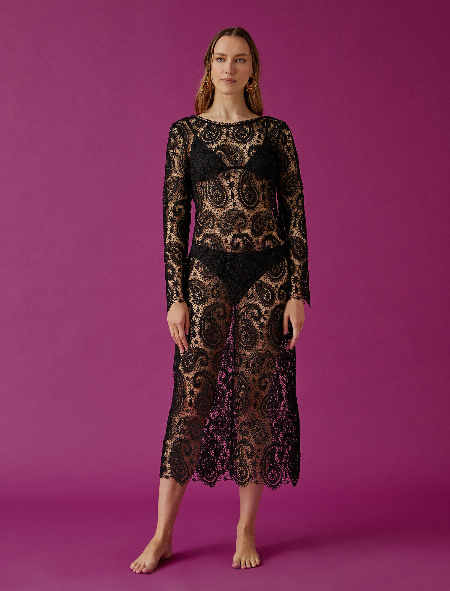   Uzun Kollu Dantel Midi Elbise