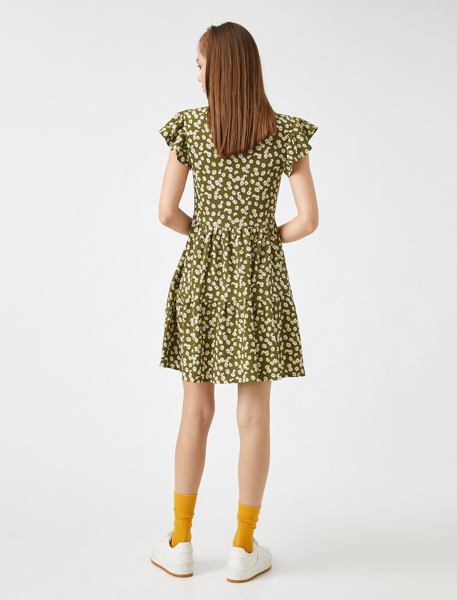   Çiçekli Fırfırlı Mini Elbise Bisiklet Yaka Kısa Kollu