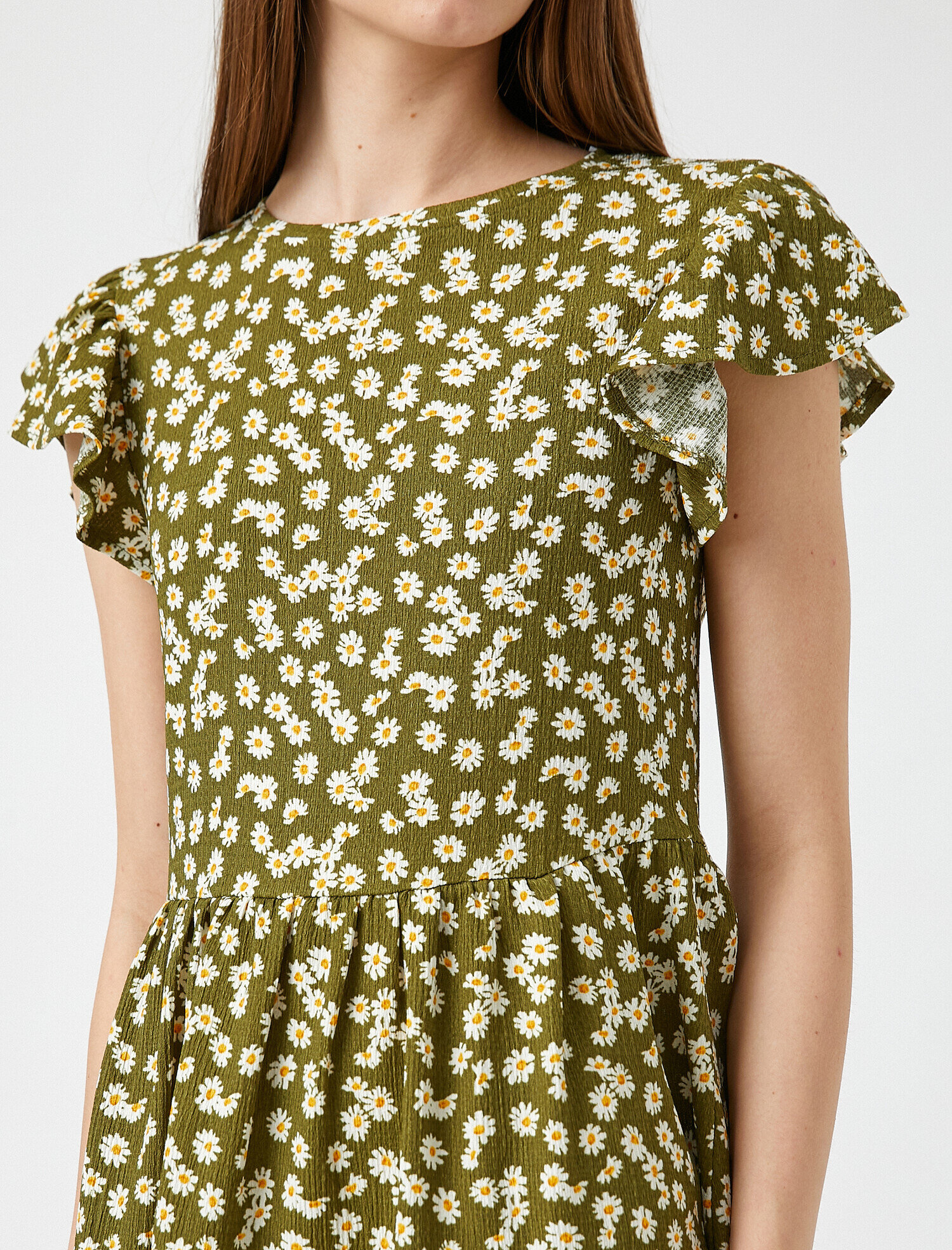   Çiçekli Fırfırlı Mini Elbise Bisiklet Yaka Kısa Kollu