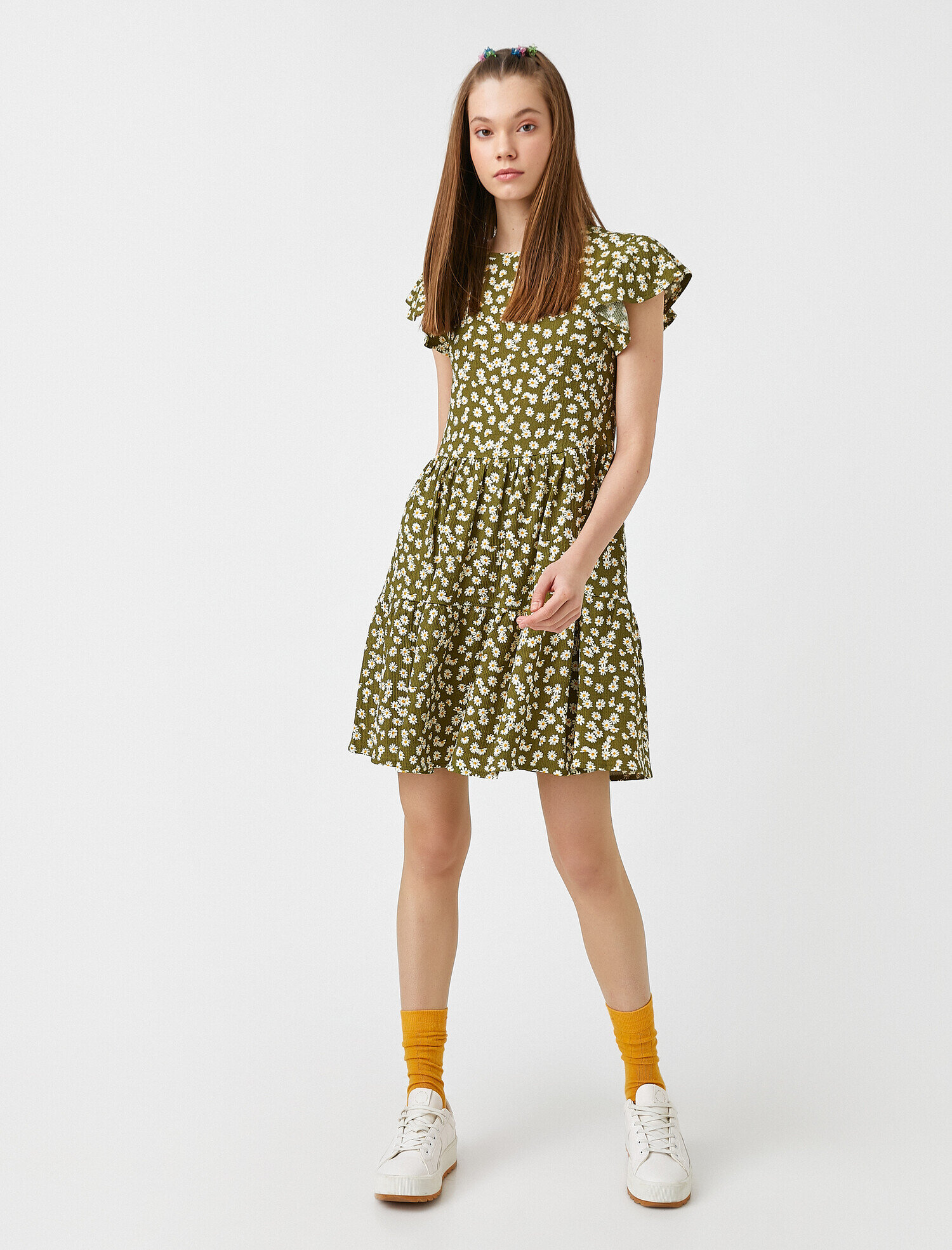   Çiçekli Fırfırlı Mini Elbise Bisiklet Yaka Kısa Kollu