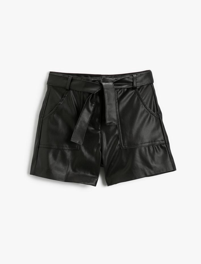 Kız Çocuk Suni Deri Görünümlü Kemer Detaylı Cepli Şort