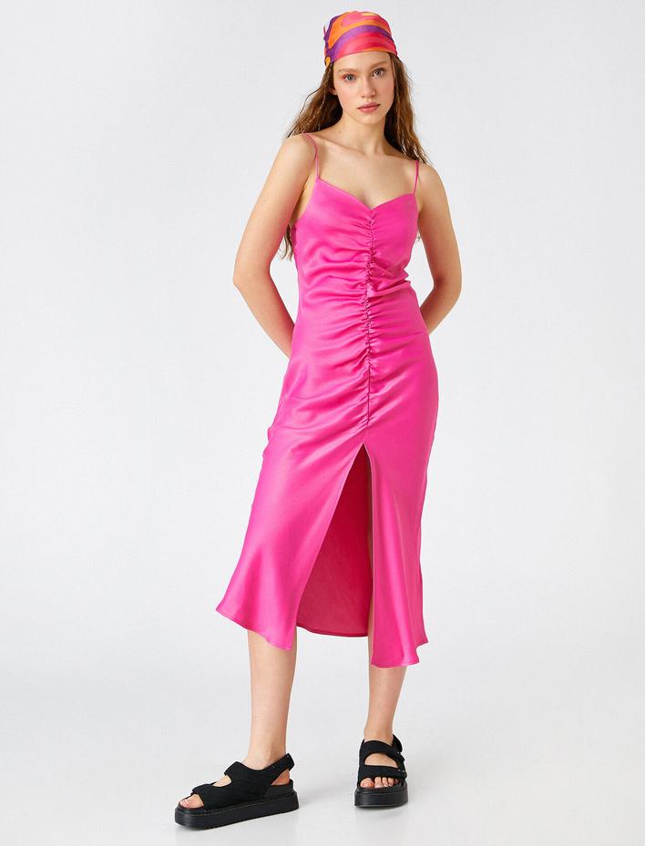  Saten Elbise Maksi Büzgülü İnce Askılı Degaje