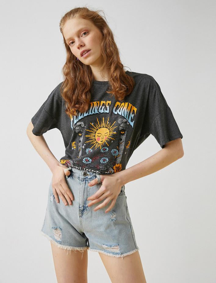  Baskılı Oversize Tişört Bisiklet Yaka