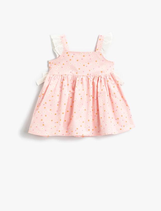  Kız Bebek Fırfırlı Askılı Elbise Çiçek Desenli Pamuklu