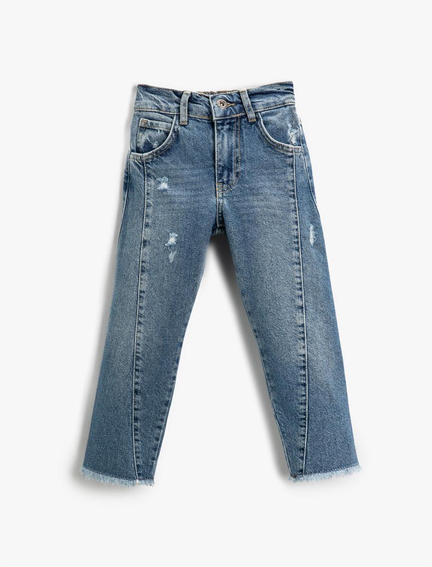  Kız Çocuk Kot Pantolon Dikiş Detaylı Pamuklu Cepli - Straight Jean