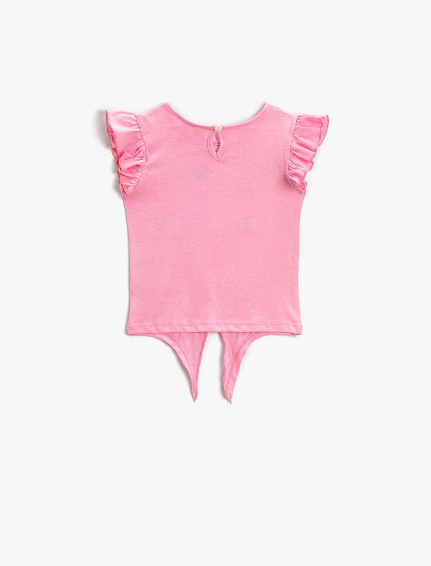  Kız Bebek Fırfırlı Kollu Tişört Baskılı Beli Bağlamalı Pamuklu