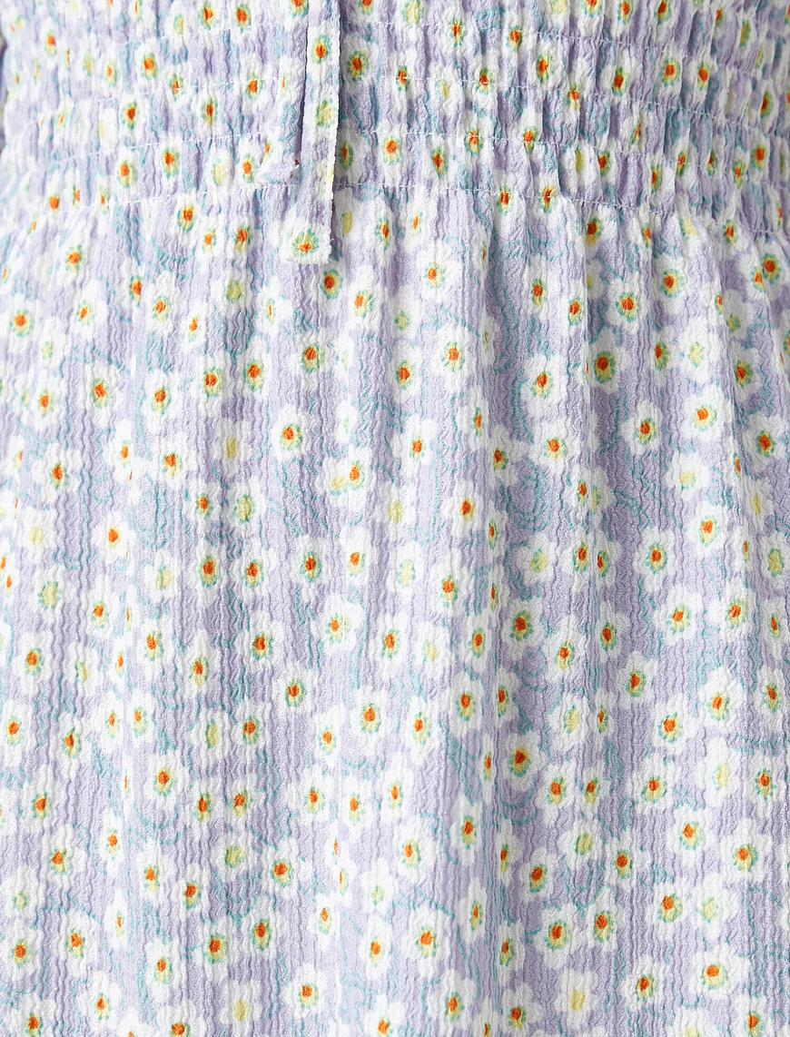   Çiçekli Elbise Mini Beli Elastik Kısa Kollu