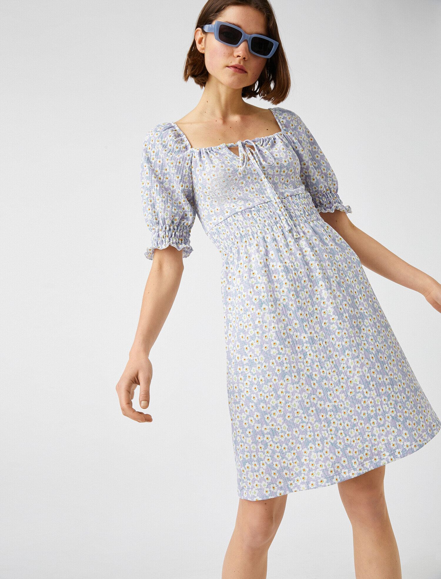   Çiçekli Elbise Mini Beli Elastik Kısa Kollu