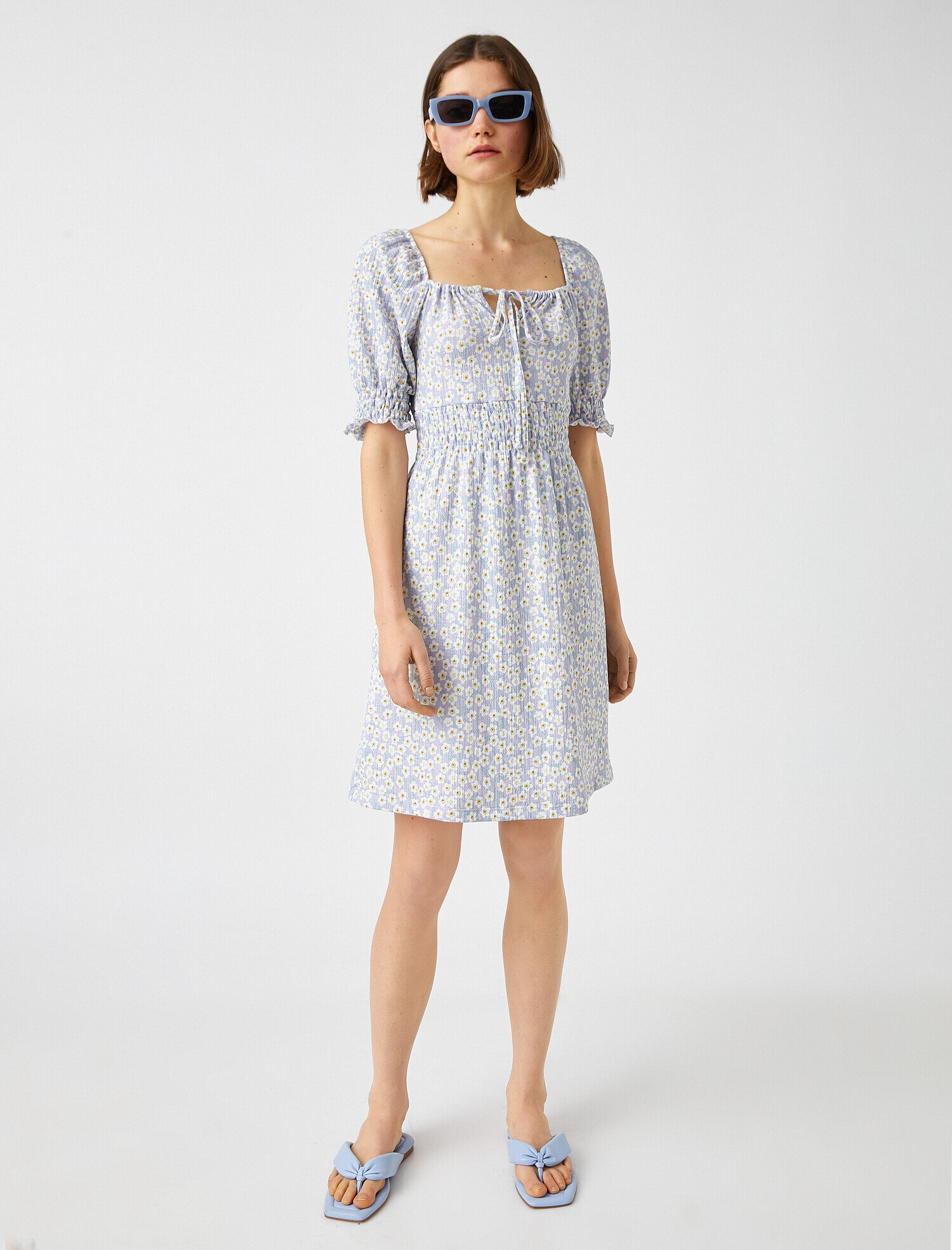   Çiçekli Elbise Mini Beli Elastik Kısa Kollu