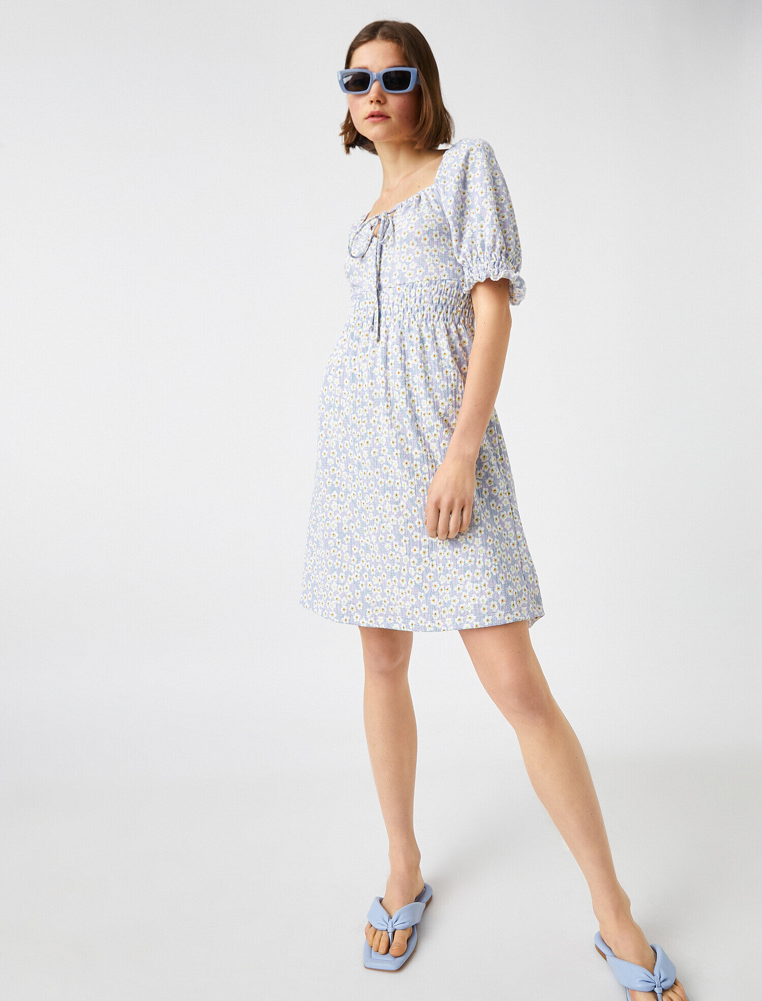   Çiçekli Elbise Mini Beli Elastik Kısa Kollu