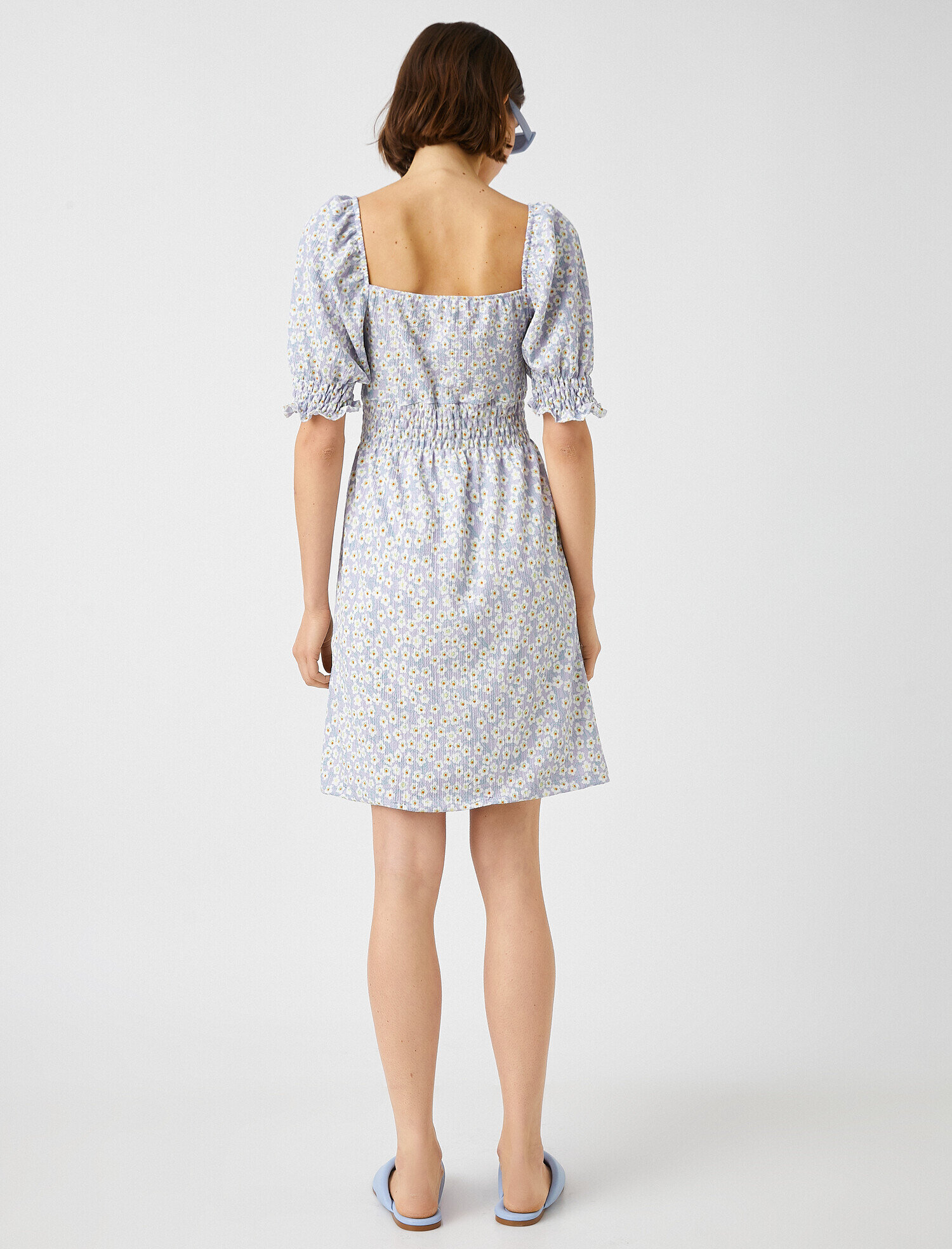   Çiçekli Elbise Mini Beli Elastik Kısa Kollu