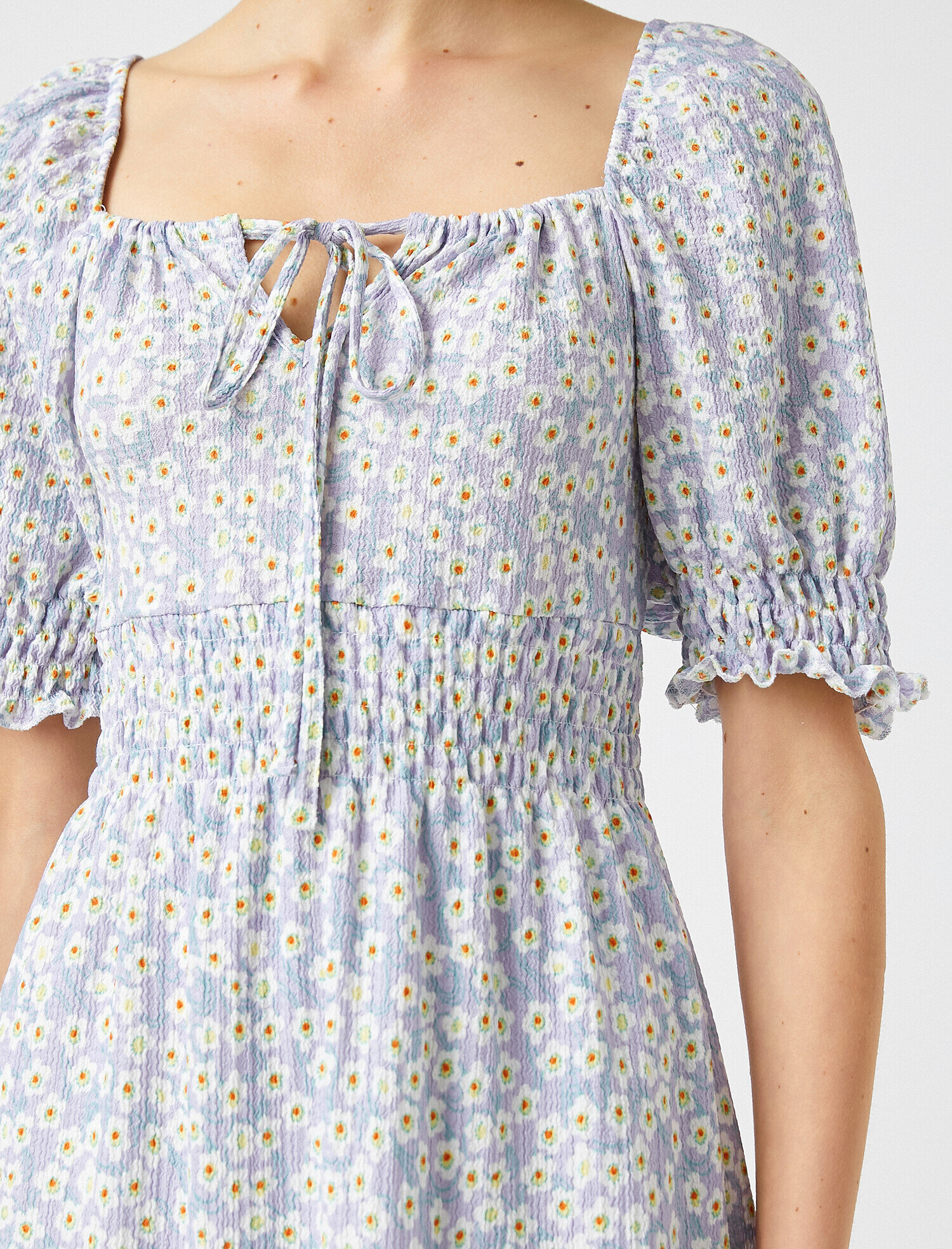   Çiçekli Elbise Mini Beli Elastik Kısa Kollu