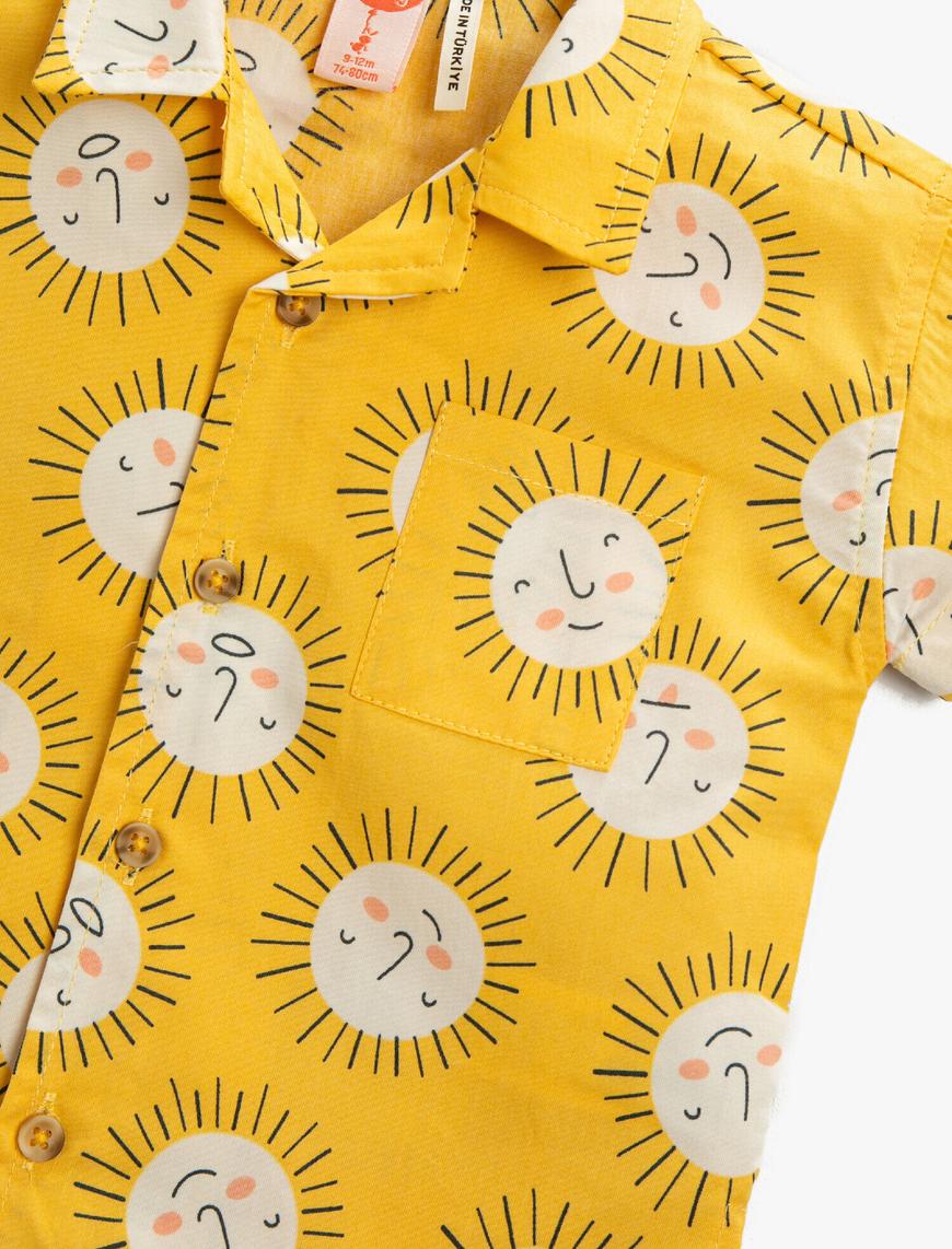  Erkek Bebek Güneş Baskılı Kısa Kollu Gömlek Cepli Pamuklu