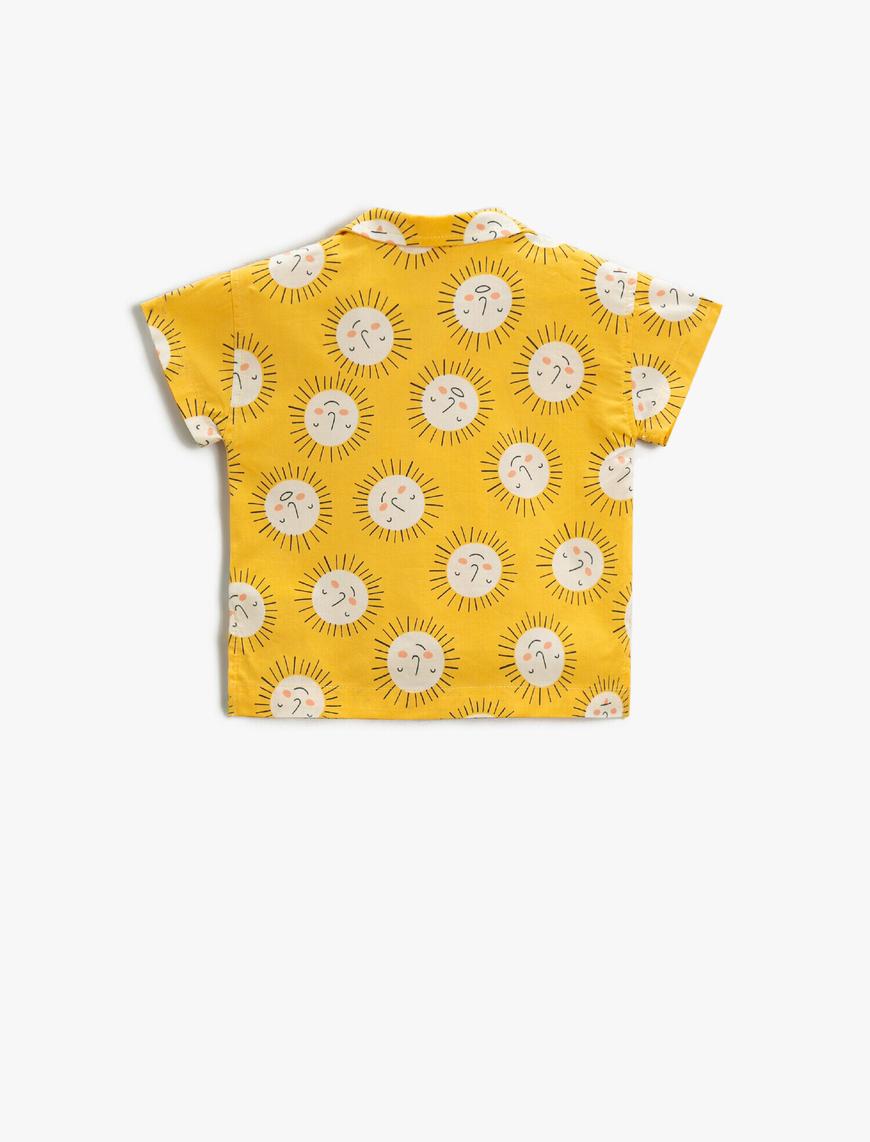  Erkek Bebek Güneş Baskılı Kısa Kollu Gömlek Cepli Pamuklu