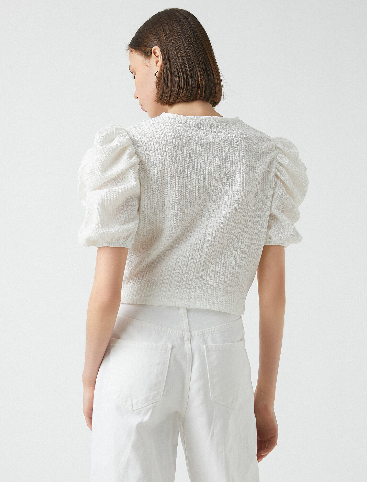   Büzgülü Balon Kollu Tişört Bisiklet Yaka