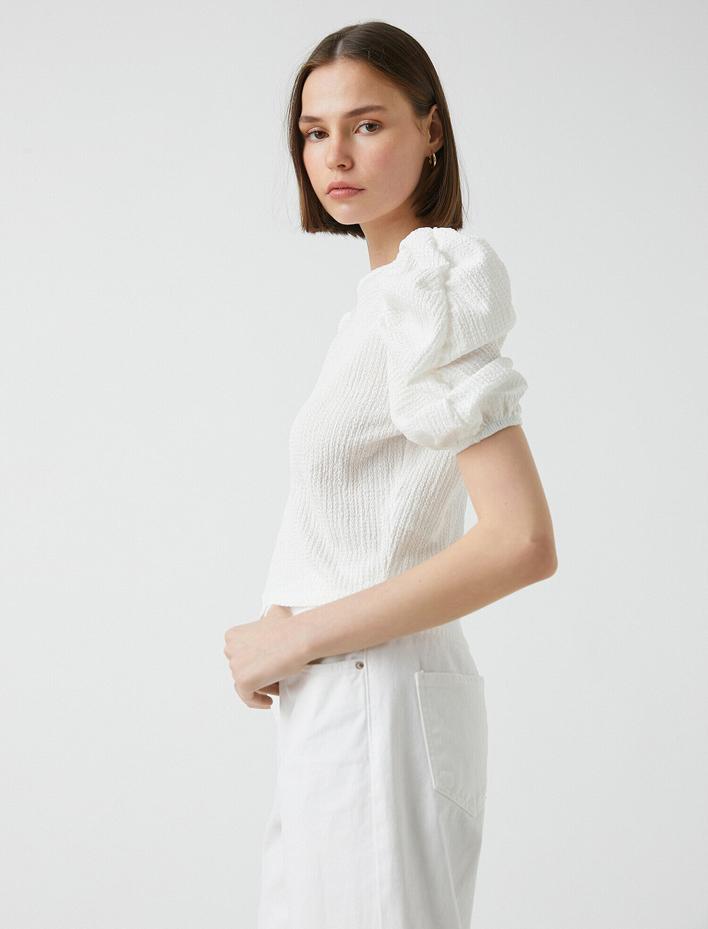  Büzgülü Balon Kollu Tişört Bisiklet Yaka