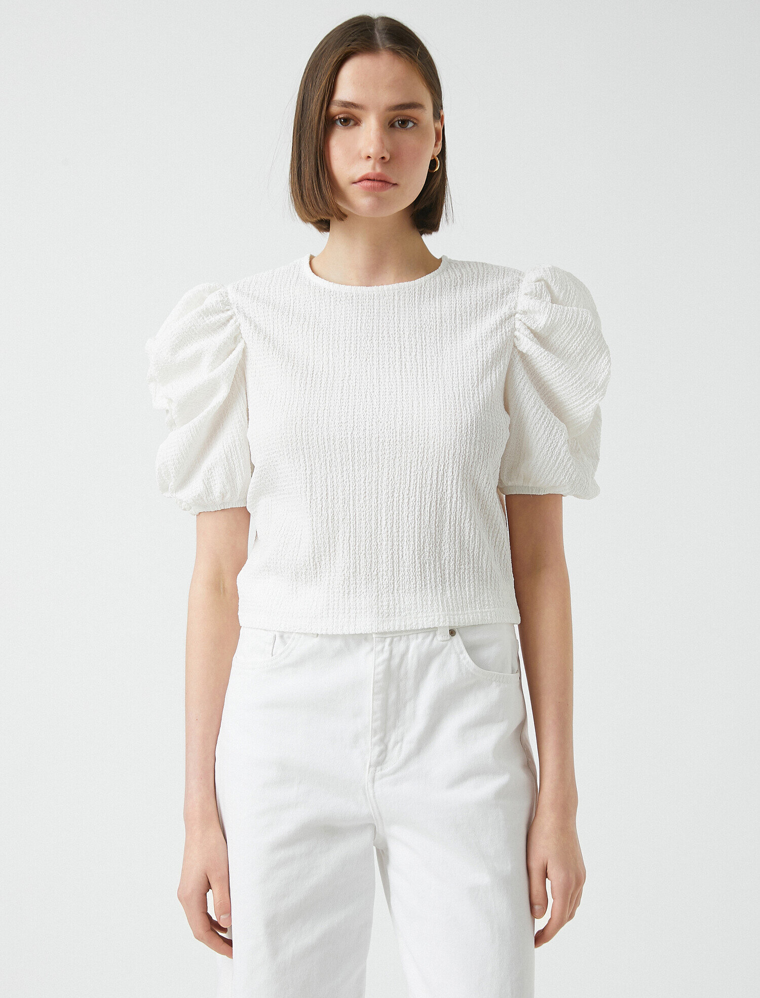   Büzgülü Balon Kollu Tişört Bisiklet Yaka