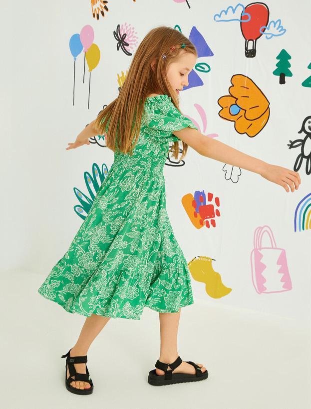  Kız Çocuk Çiçekli Elbise Midi Düşük Omuz Fırfırlı