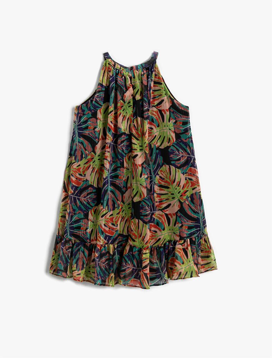  Kız Çocuk Palmiye Baskılı Çiçekli Elbise Midi Halter Yaka